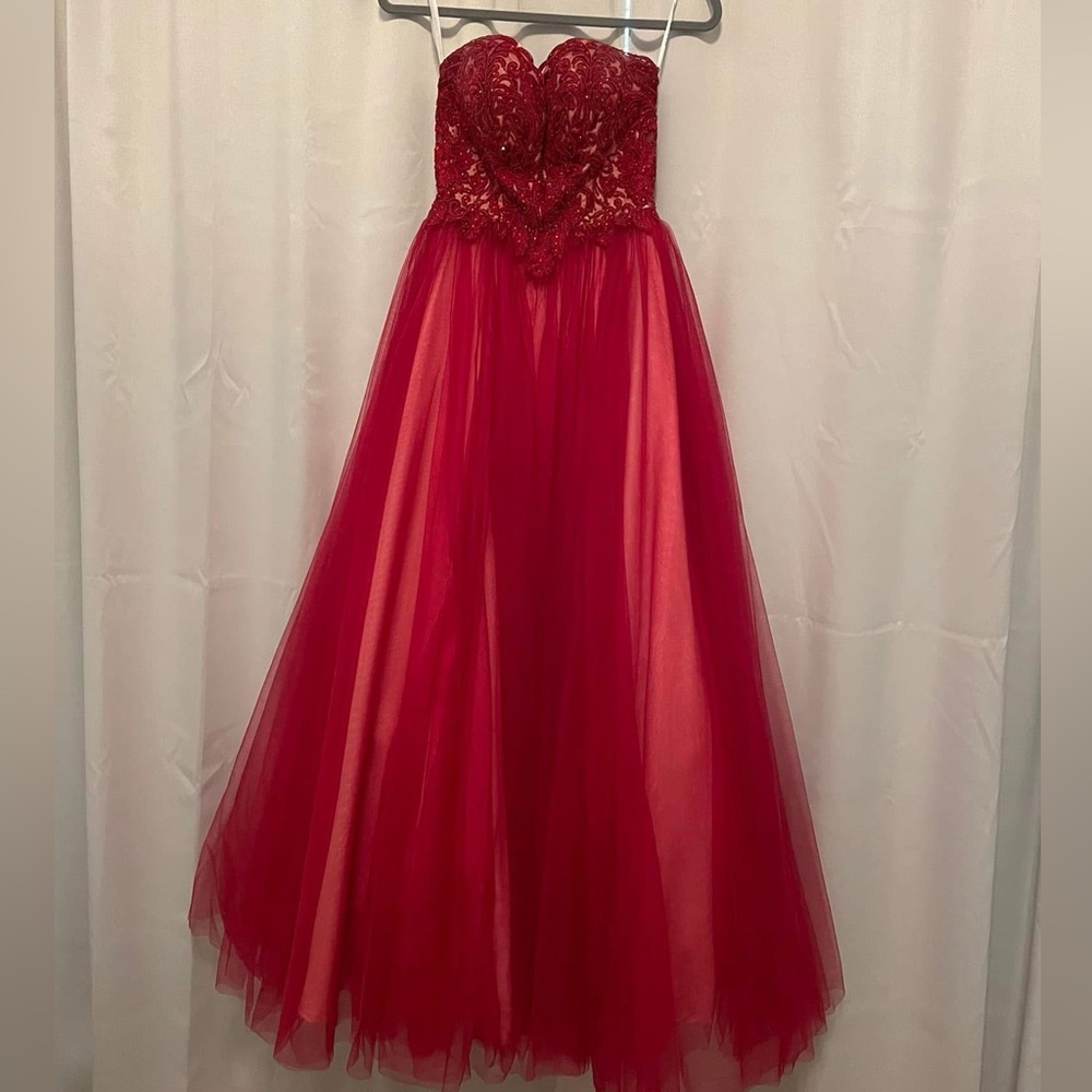 Madison James Red Strapless Prom Dress